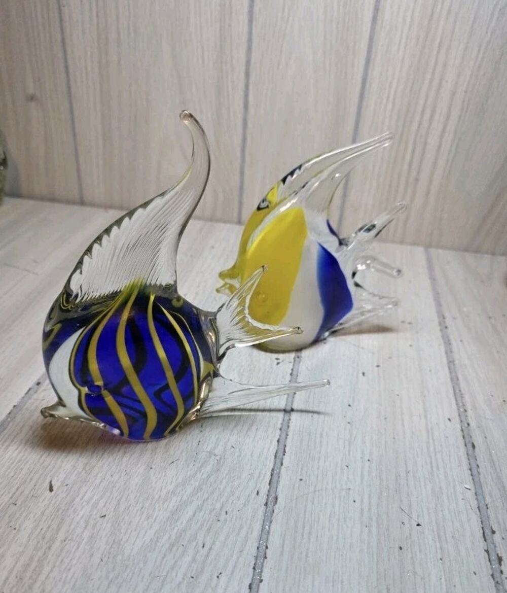 Vintage Art Glass Fish Paperweight Sculpture Figurine Multi Color Blues Set Of 2
